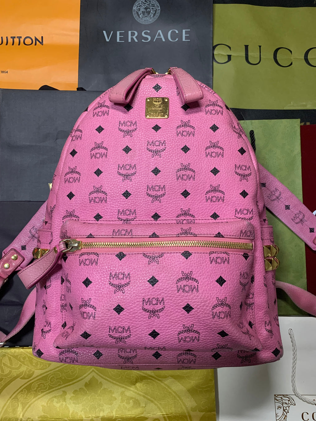 MCM stark side studs pink backpack