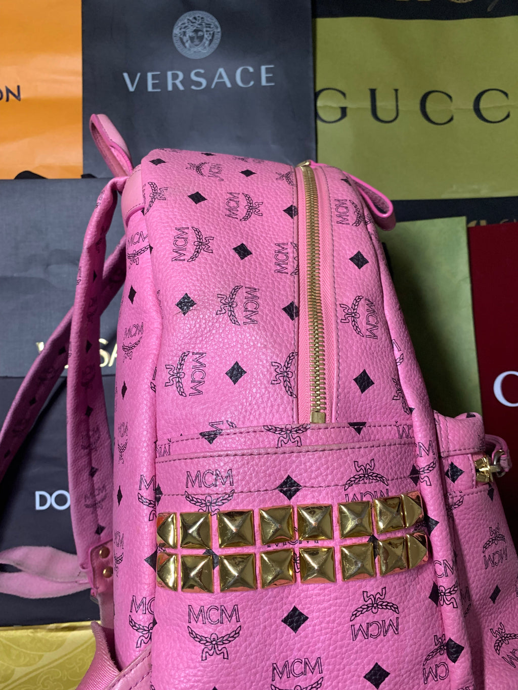 MCM stark side studs pink backpack